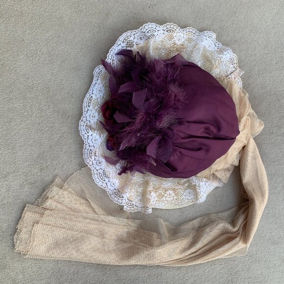 Victorian Edwardian Feather Floral Touring Riding Hat with Long Train - Picture 9 of 12